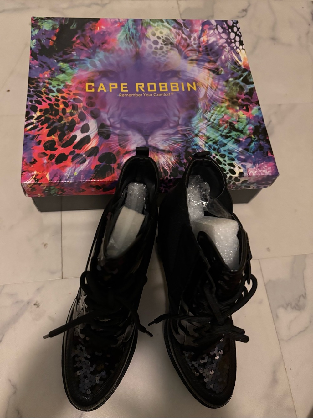 Cape Robbin Black Sequin Lace-Up Ankle Boots